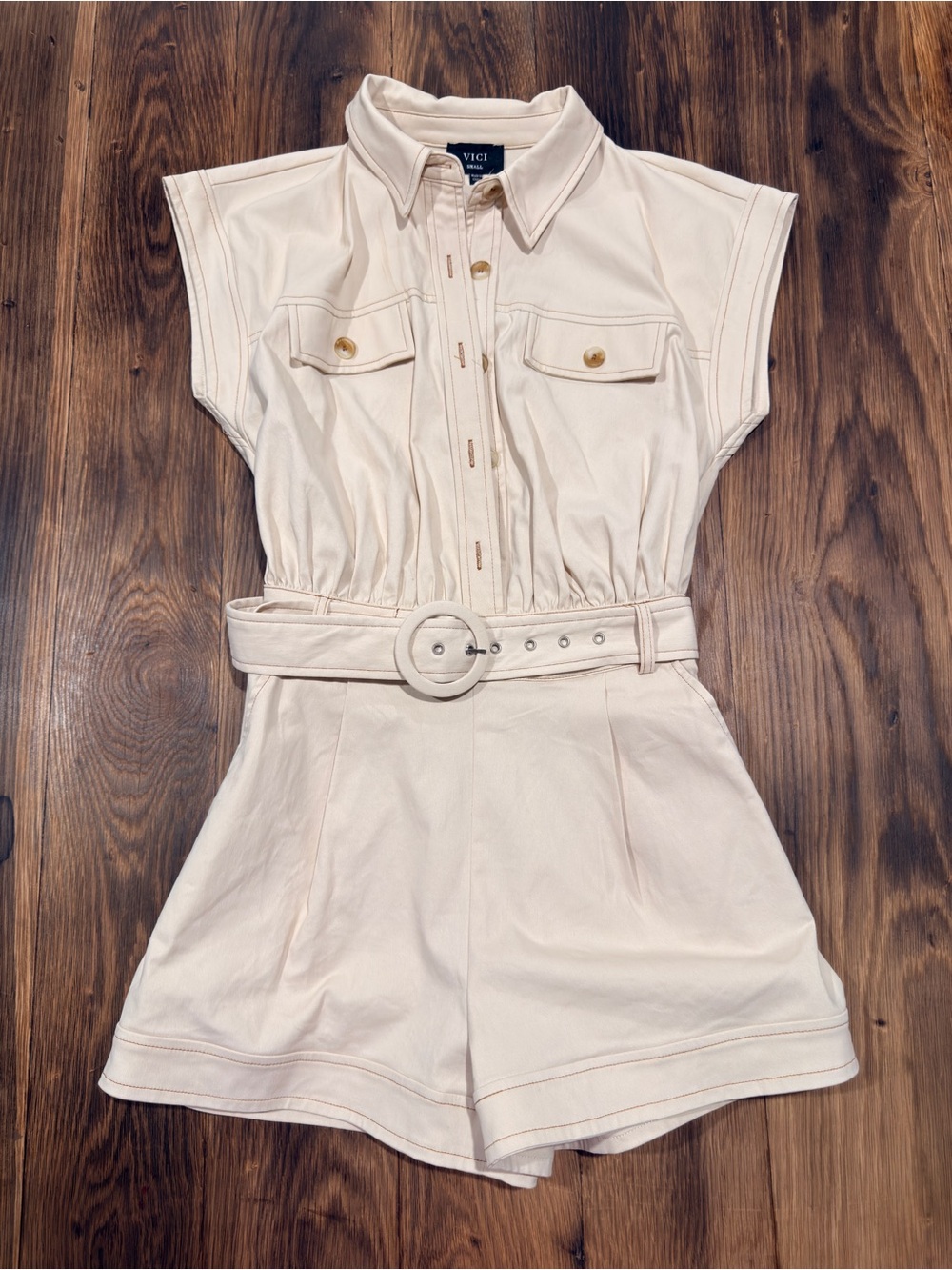 VICI Cream Button-Front Sleeveless Belted Romper